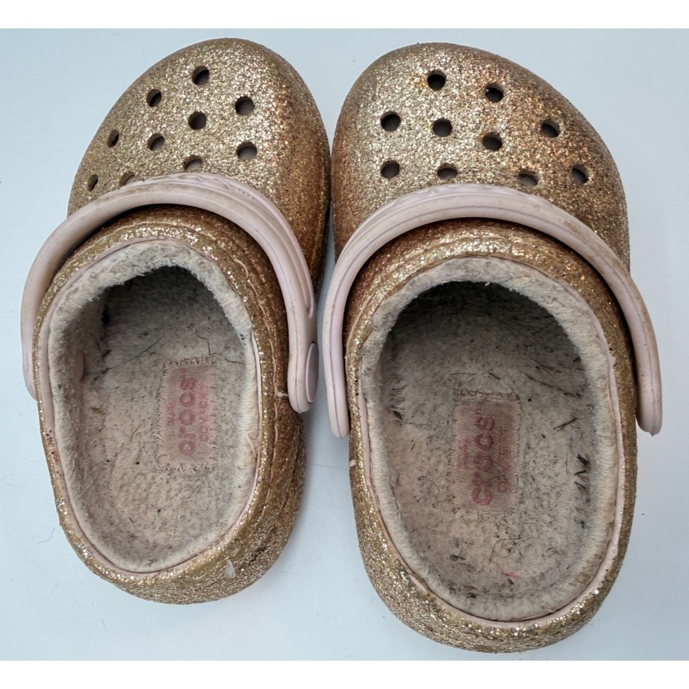 Crocs Classic Lined Clogs Gold Glitter Pink Cozy Fuzzy Toddler | Girl's Size 6 - Picture 7 of 12